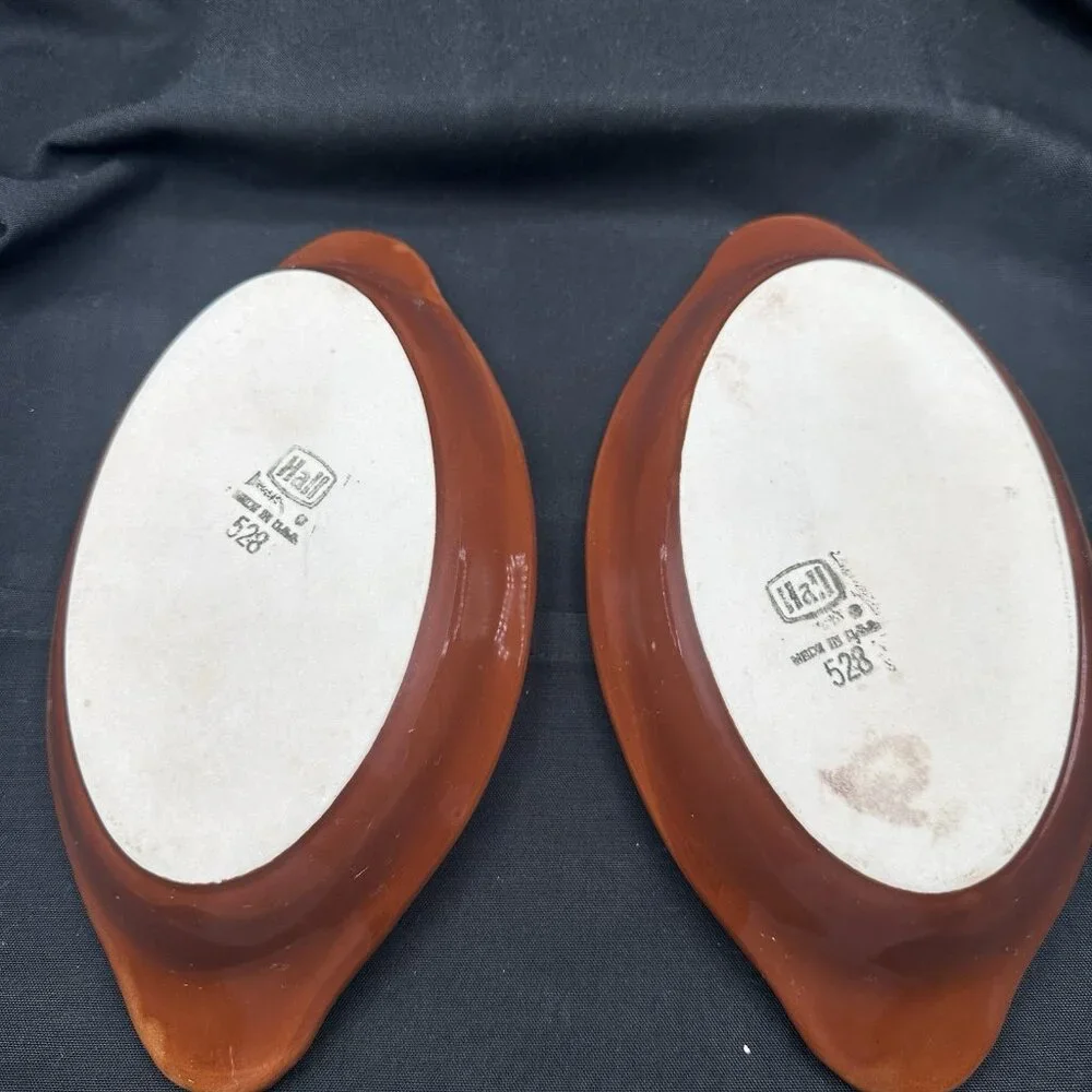 Oval Au Gratin Dishes Hall Pottery USA #528 Brown Shell Handle 9.5″ Vtg Set of 2